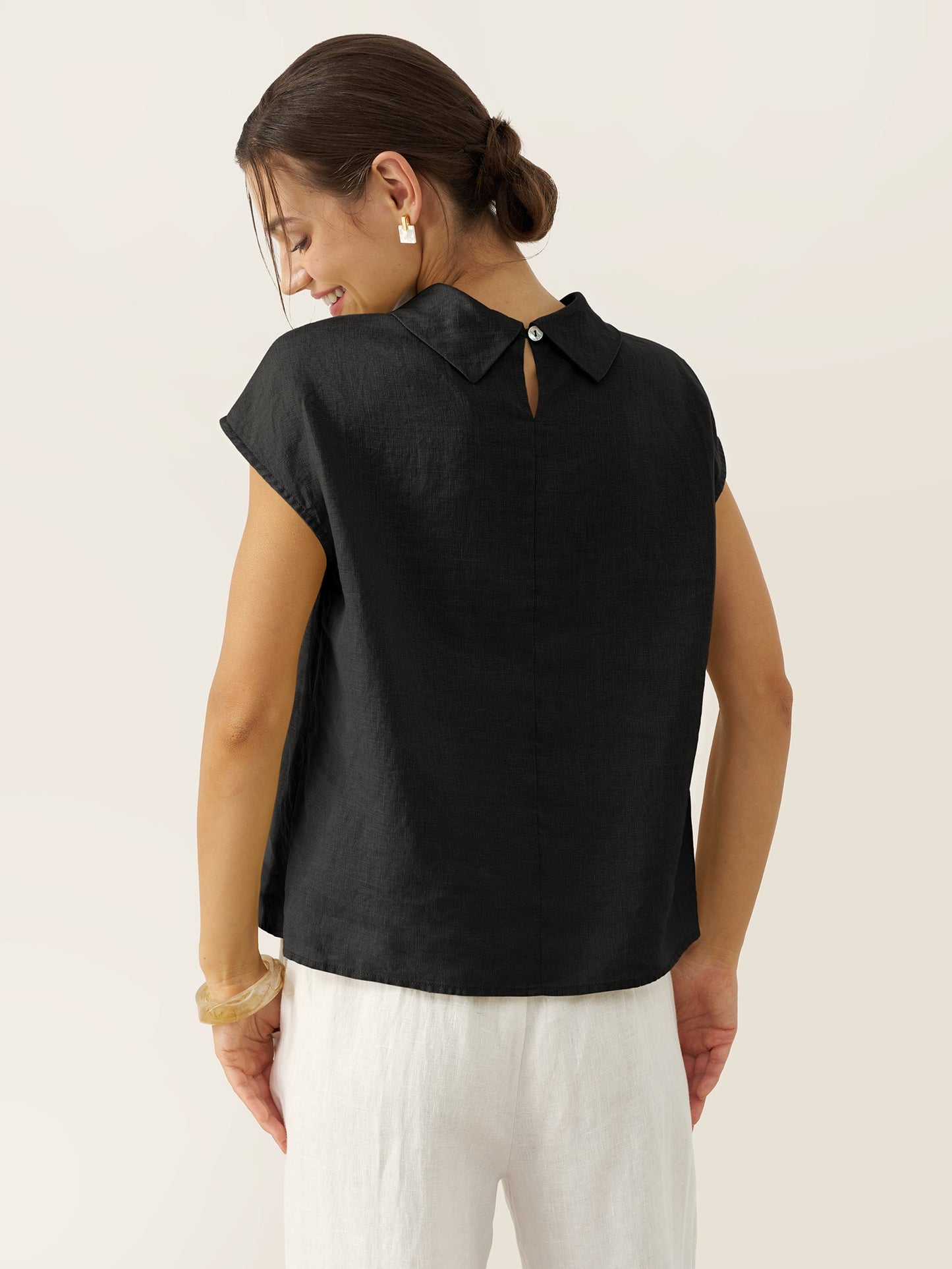 100% Linen Cap Sleeve Soft-Fold Collar Top YVONNE
