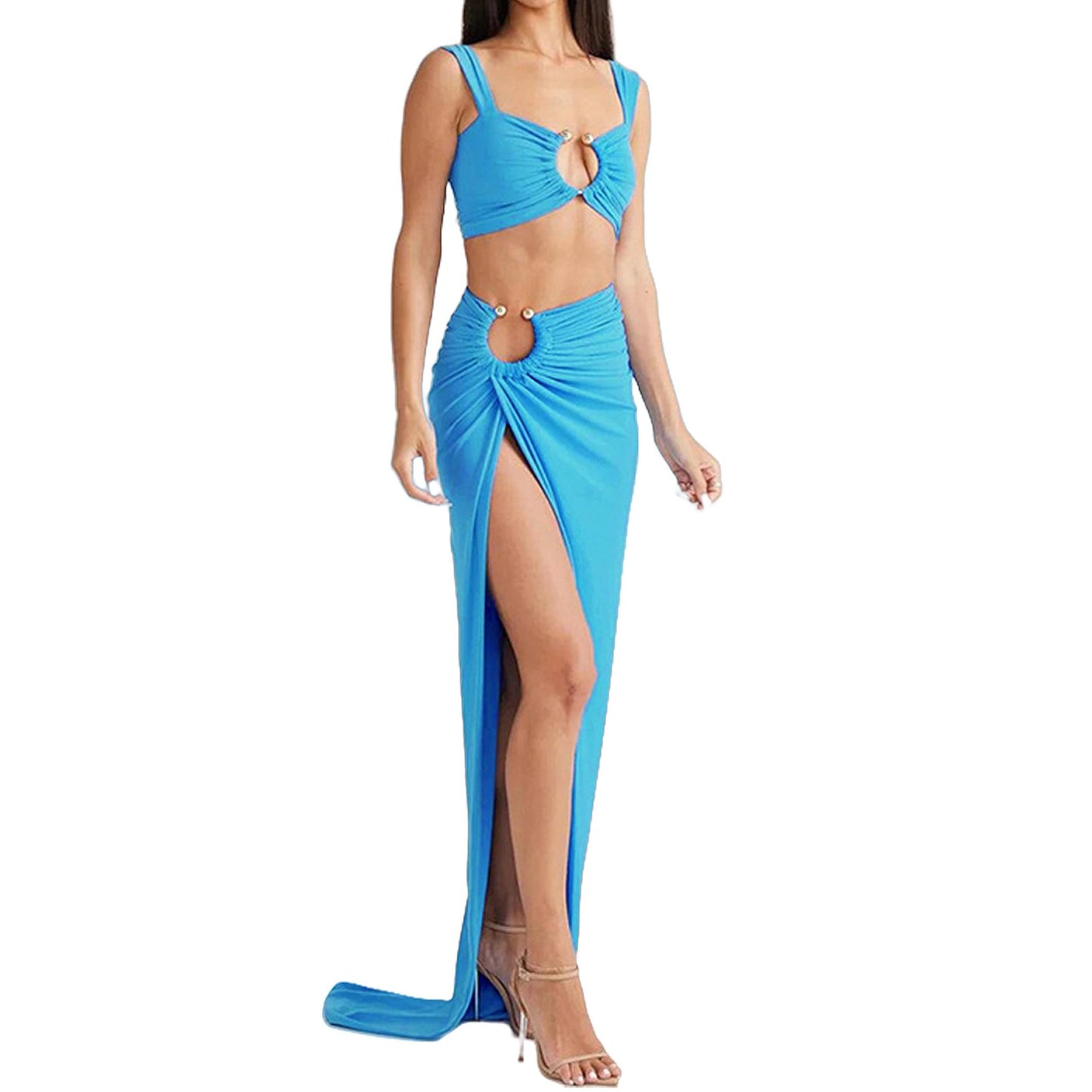 BOLLEY JOSS Women's Sexy 2 Piece Maxi Skirt Set Blue Polyester Size M