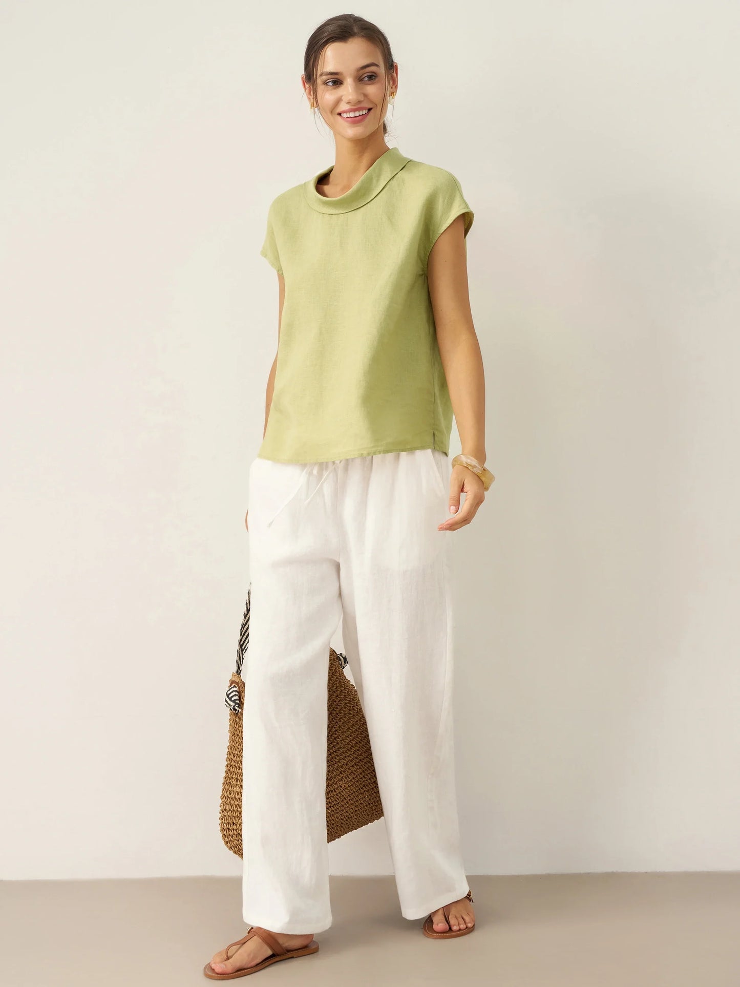 100% Linen Cap Sleeve Soft-Fold Collar Top YVONNE