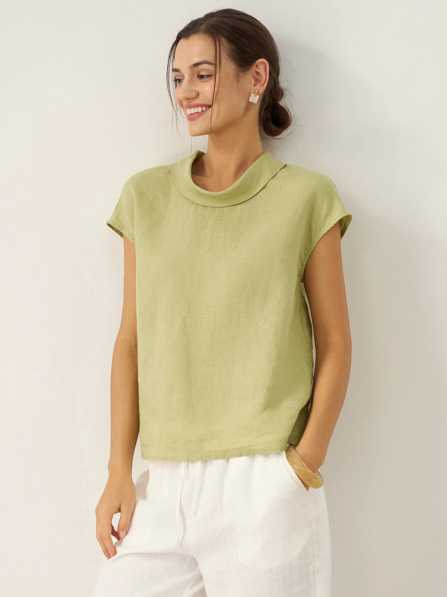 100% Linen Cap Sleeve Soft-Fold Collar Top YVONNE