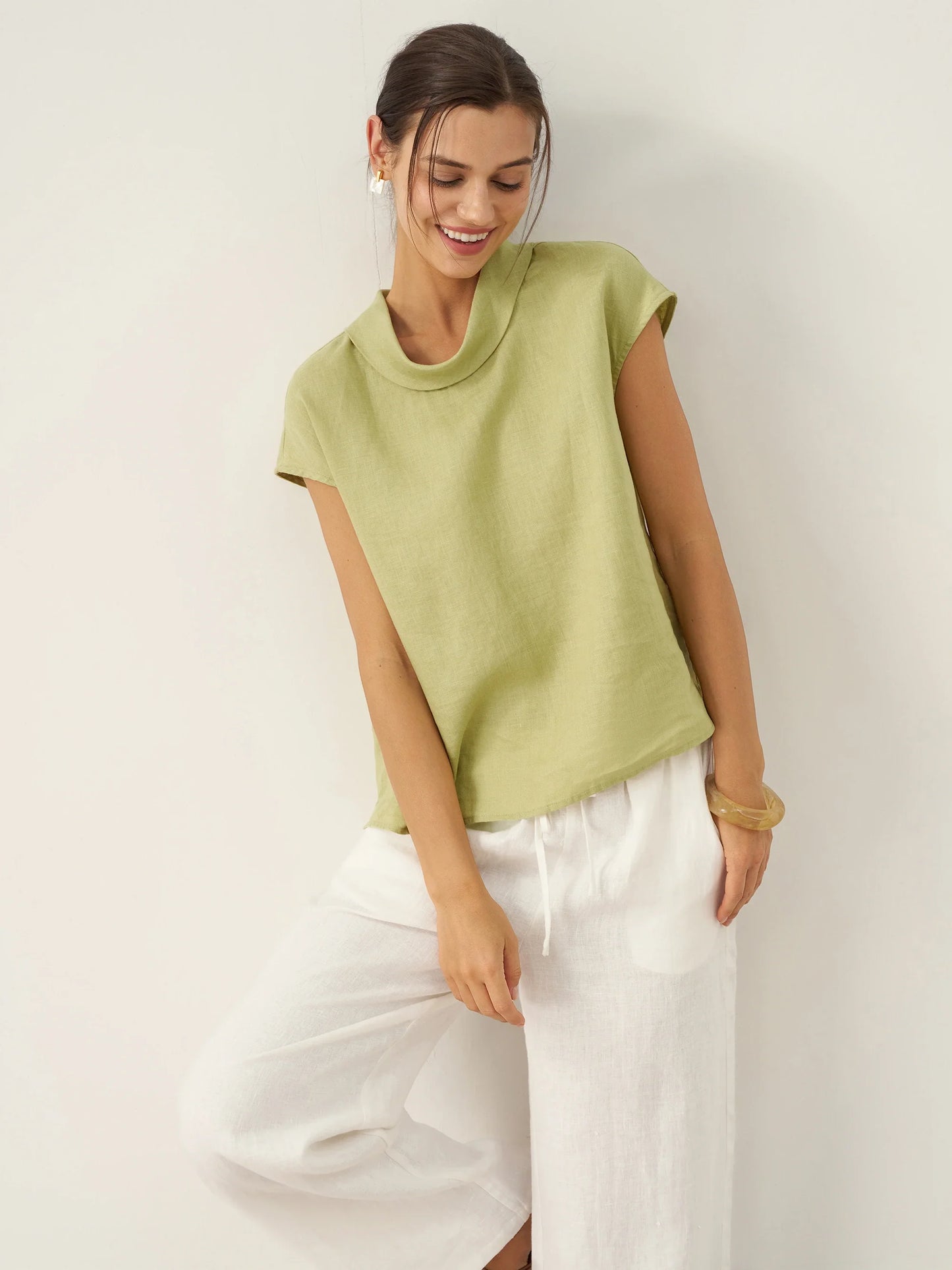 100% Linen Cap Sleeve Soft-Fold Collar Top YVONNE