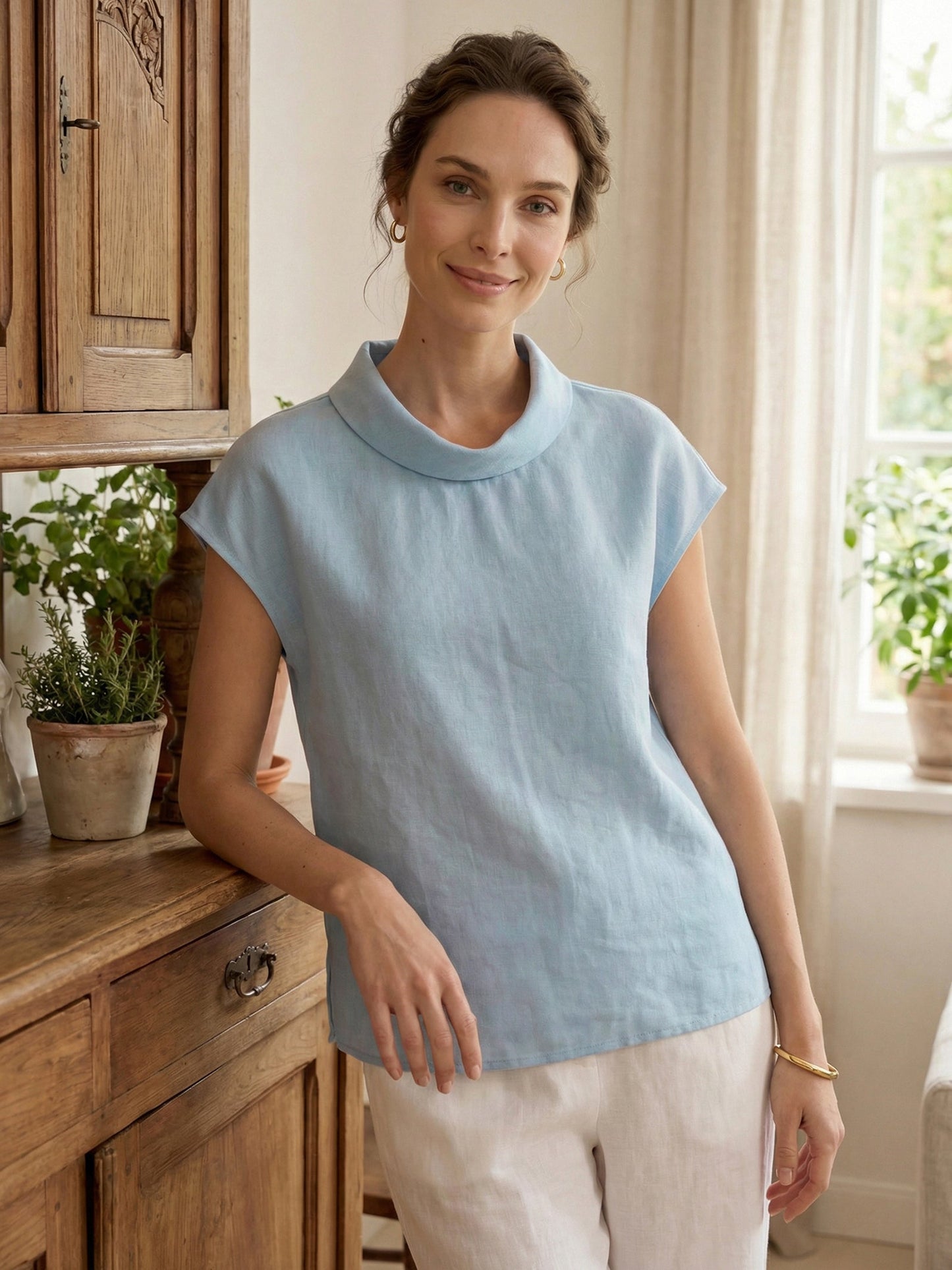 100% Linen Cap Sleeve Soft-Fold Collar Top YVONNE