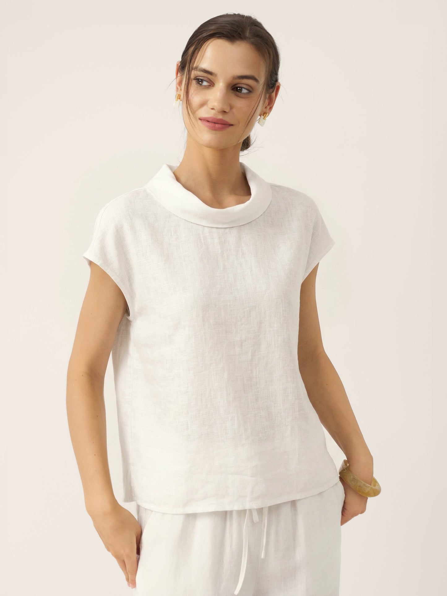 100% Linen Cap Sleeve Soft-Fold Collar Top YVONNE