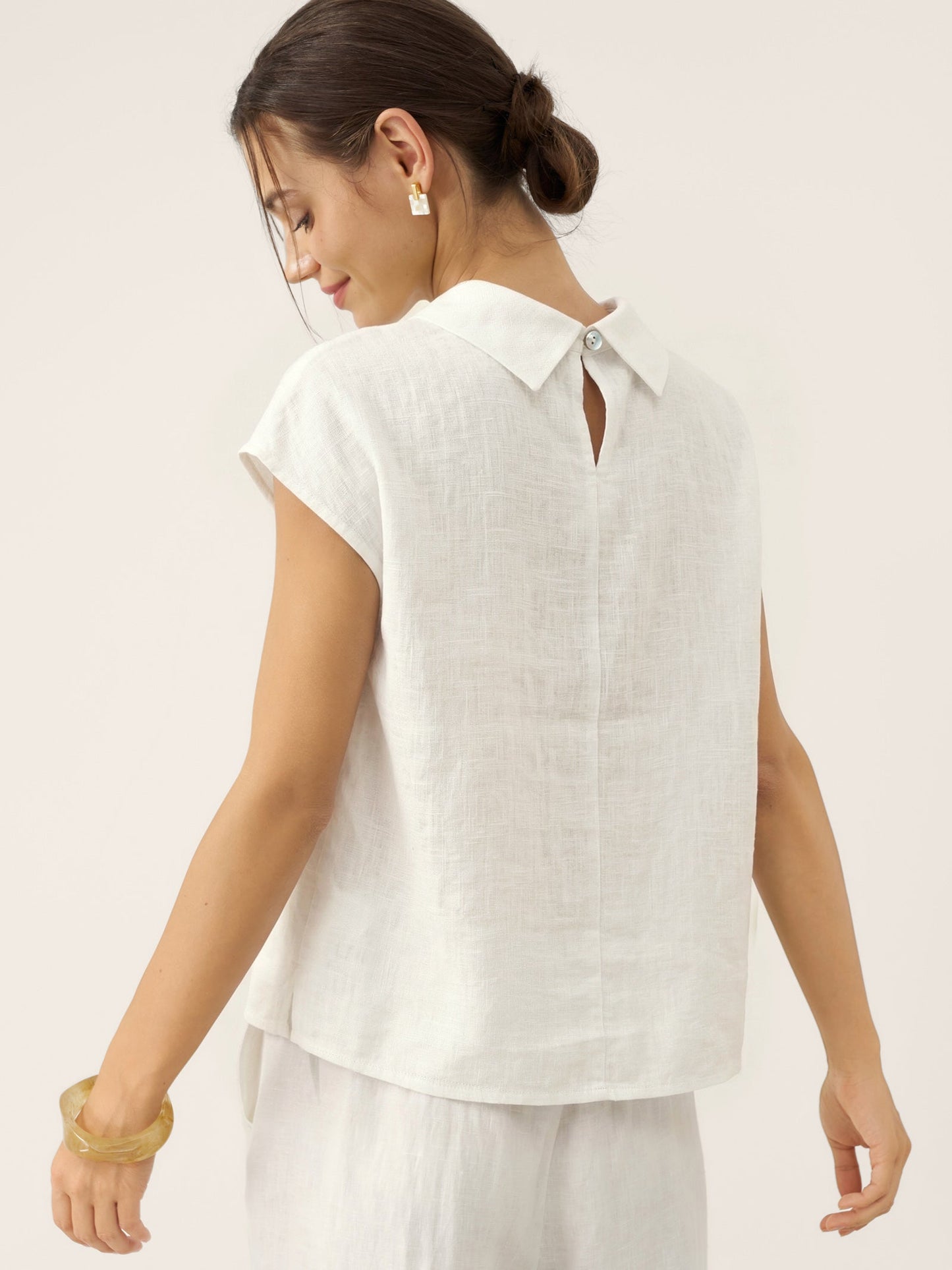 100% Linen Cap Sleeve Soft-Fold Collar Top YVONNE