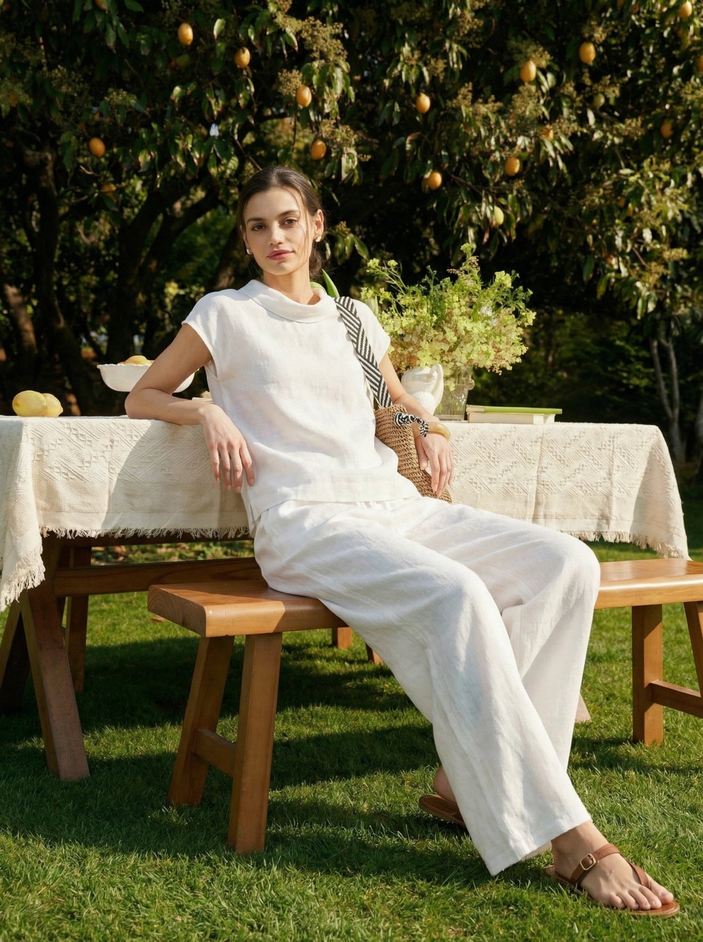 100% Linen Cap Sleeve Soft-Fold Collar Top YVONNE