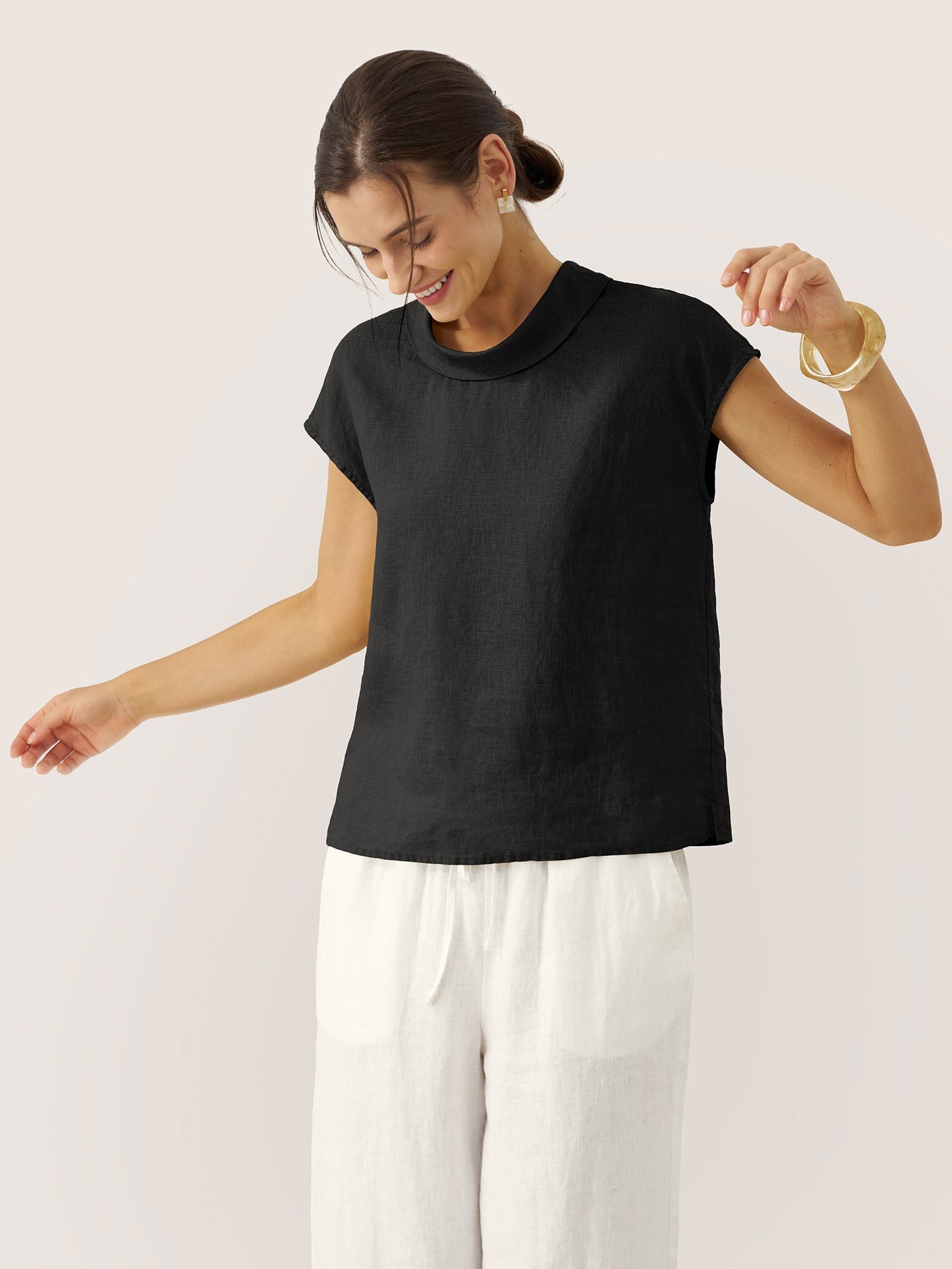 100% Linen Cap Sleeve Soft-Fold Collar Top YVONNE