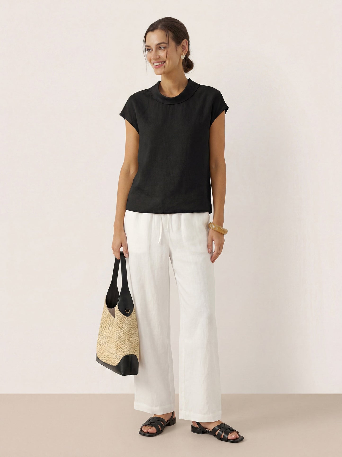 100% Linen Cap Sleeve Soft-Fold Collar Top YVONNE